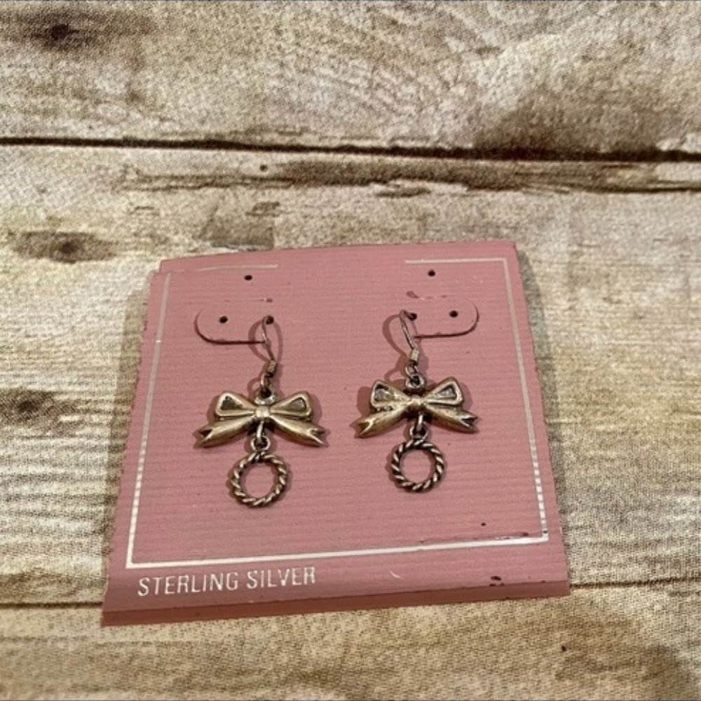 NWT Sterling Silver Puffed Bow Dangle Earrings